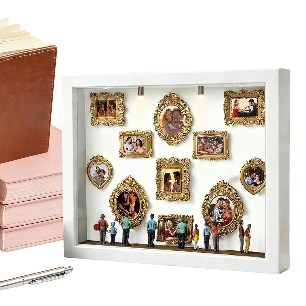 Museum Silhouette Box Memory Photo Display Case with LED Light 11 Pieces Miniature Desk Picture Frame with 8 Figurines for Home