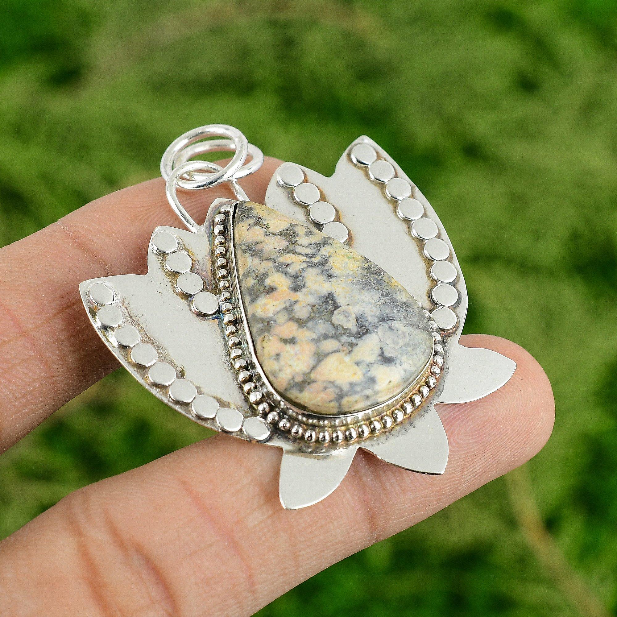 

Daughters Day Deal Maligano Jasper Gemstone Lotus Bezel Pendant Sterling Silver