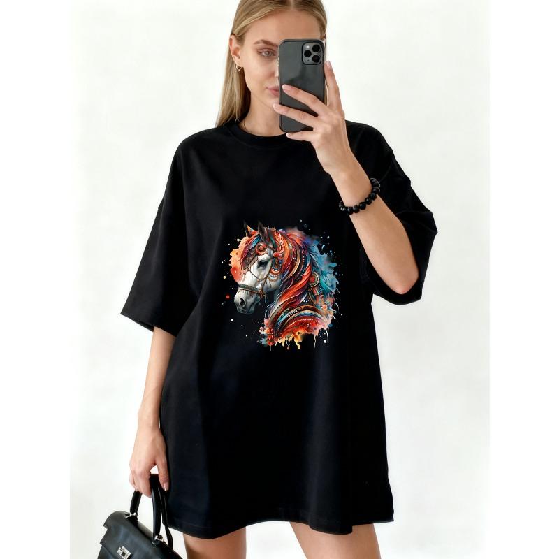 Oversized T Shirt Black Horse Head Art Print Casual Wear For Women Streetwear Fashion Statement Piece
