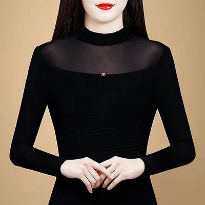Camiseta Base de Malla de Cuello Alto Negro para Mujer Camiseta de Manga Larga Nuevo Estilo Top de Encaje de Terciopelo