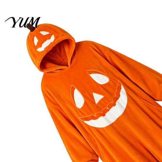 Unisex flísové pyžamo Halloweenský dýňový overal pro dospělé, Plyšový kostým s kapucí pro dospělé, Nadměrný volný domácí oblečení, Vtipný podzimní