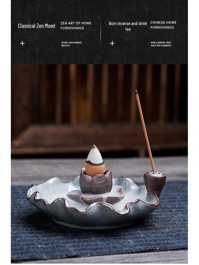 Lotus Ceramic Backflow Incense Burner & Holder - Ge Kiln Zisha Ornament