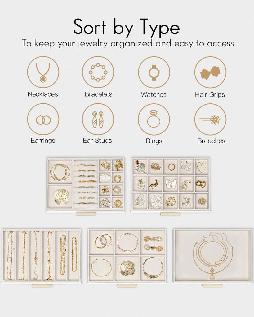 Vlando Glass Lid 5-Drawer Jewelry Box for Women, Organizer for Necklaces, Rings, Earrings, Bracelets, and Accessories (White)