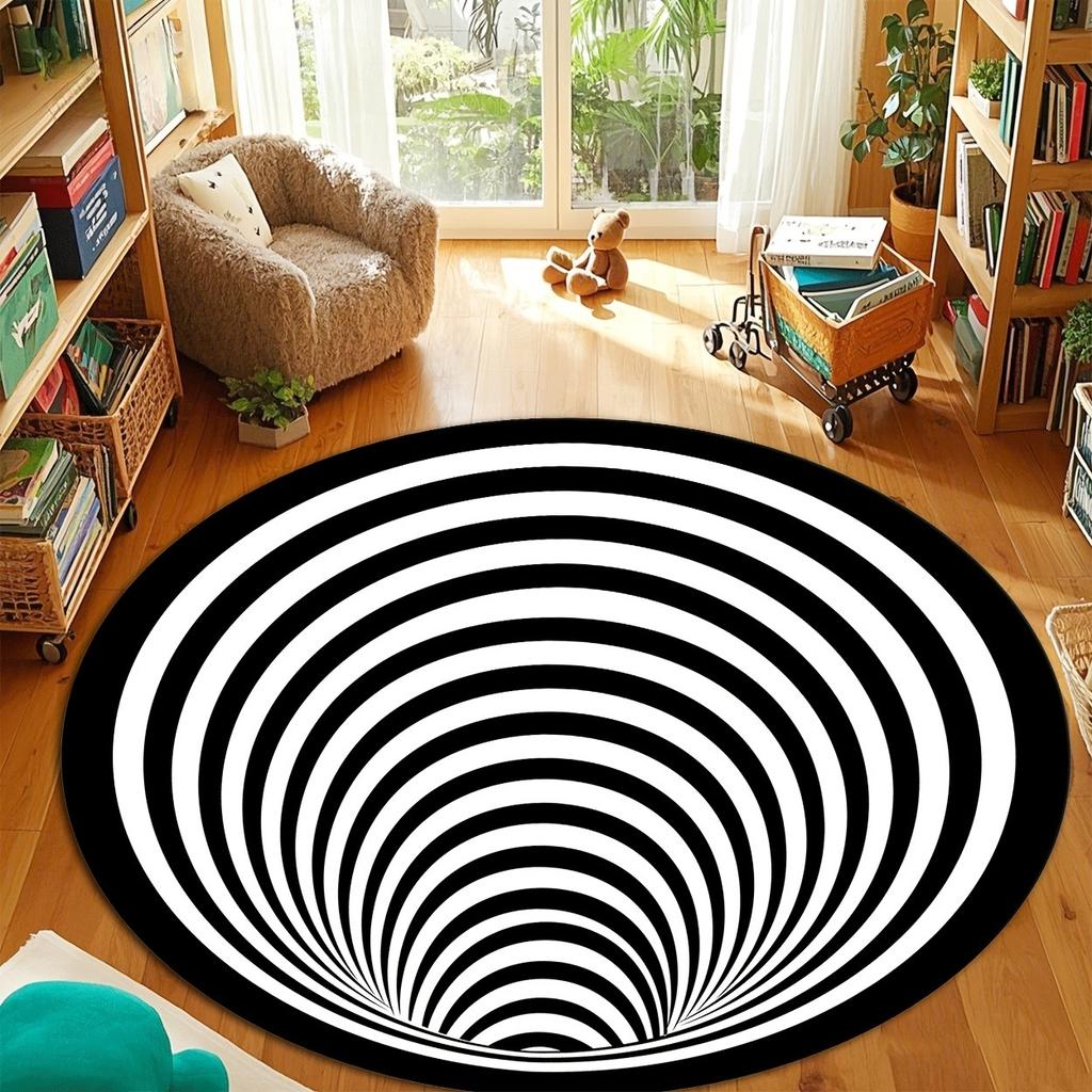 Black and White Spiral Stripe Pattern Round Rug, Non-slip Floor Mat for Living Room, Bedroom, Bathroom, Holiday Home Decoration