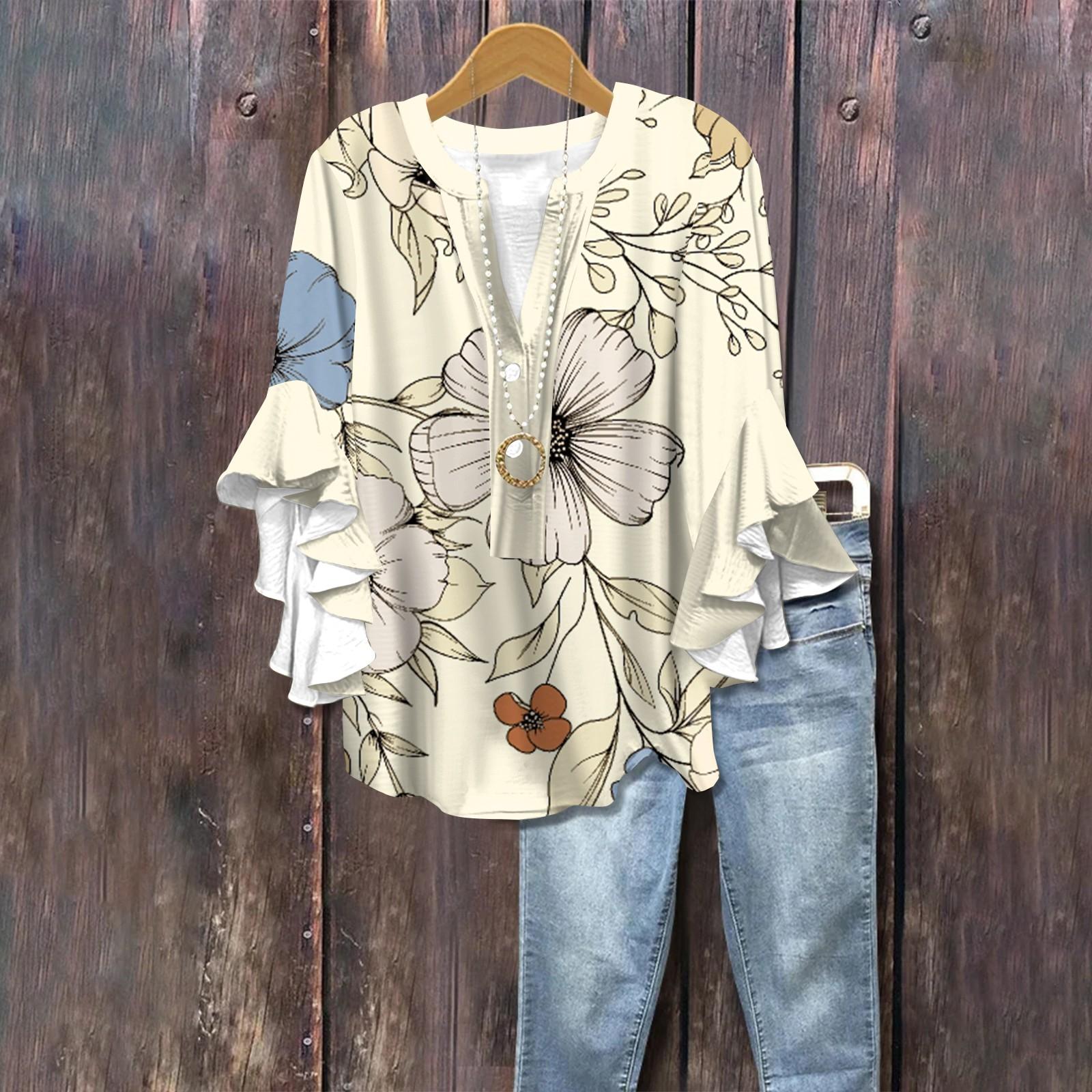 

Летние топы для женщин, симпатичные блузки с V-образным вырезом и рукавом 3/4, повседневные рубашки с цветочным принтом L бежевый