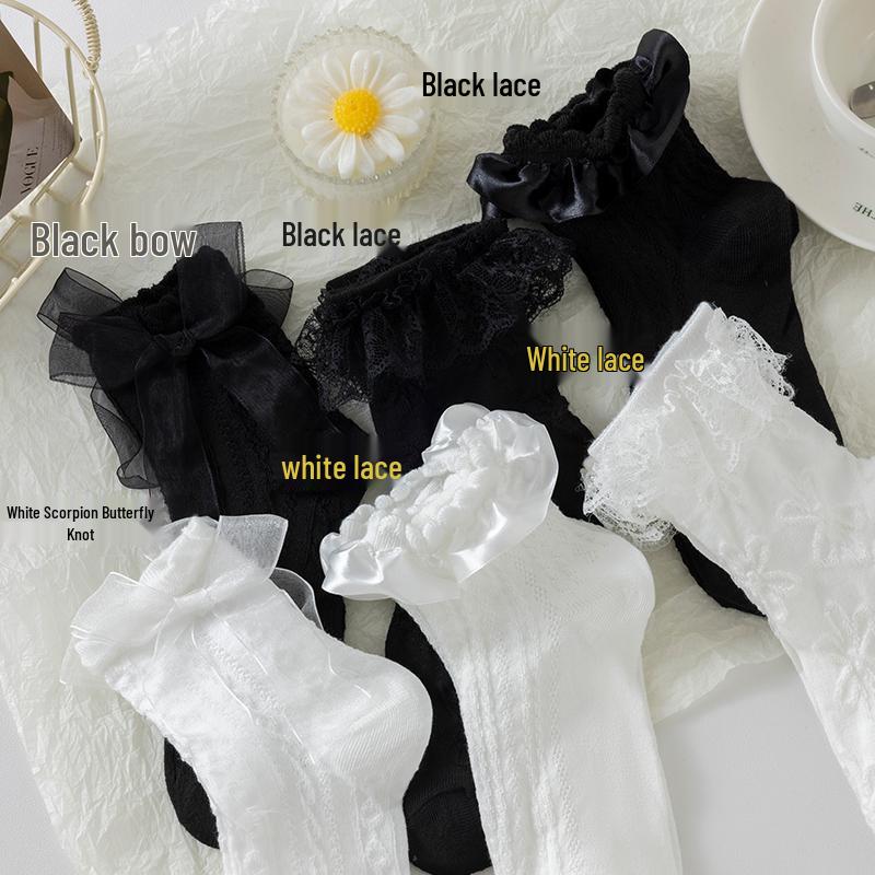 Women's Summer White Lace Bow Mid-Calf Socks - Sweet Lolita Style