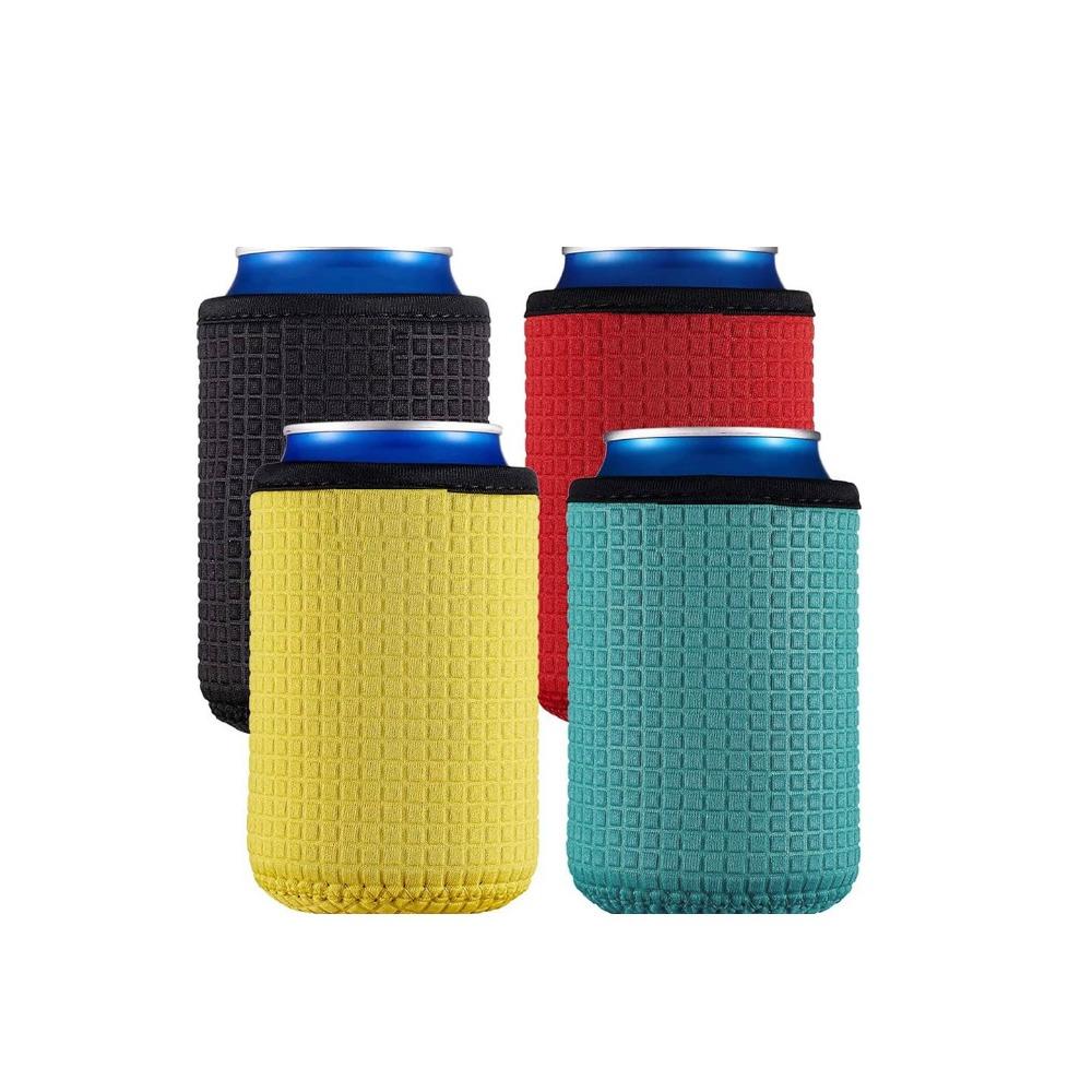 

4PCS Non-slip Can Cooler Sleeves Neoprene Elastic Cup Insulated Sleeve Washable Square Pattern Bottle Insulated Cover Summer