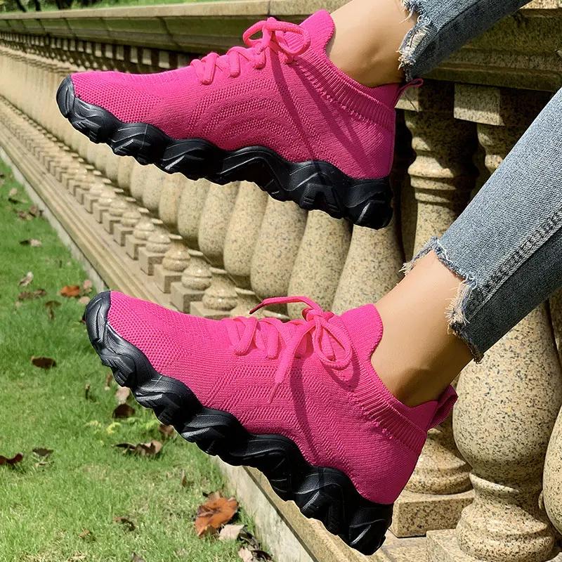 Fashion Rose Red Mesh Flat Vulcanize Shoes Women Summer Comfort Breathable Soft Sole Sneakers Plus Size Thick Sole Non Slip Casual Shoes