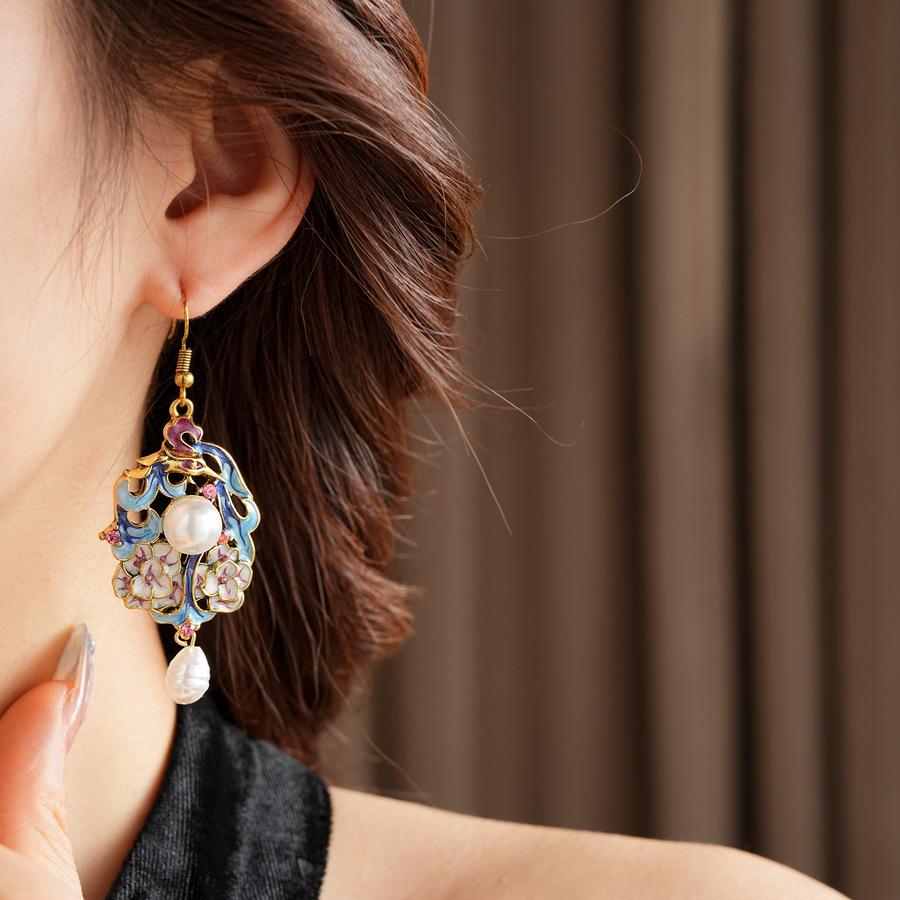 Dripping Oil Flower Dangle Earrings Vintage Ethnic New Chinese Style Imitation Pearl Pendant Earrings Women's Ear Hooks K1