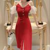 Summer white high-end off-the-shoulder dress femininity gentle wind light ripe V-neck suspender split skirt ins