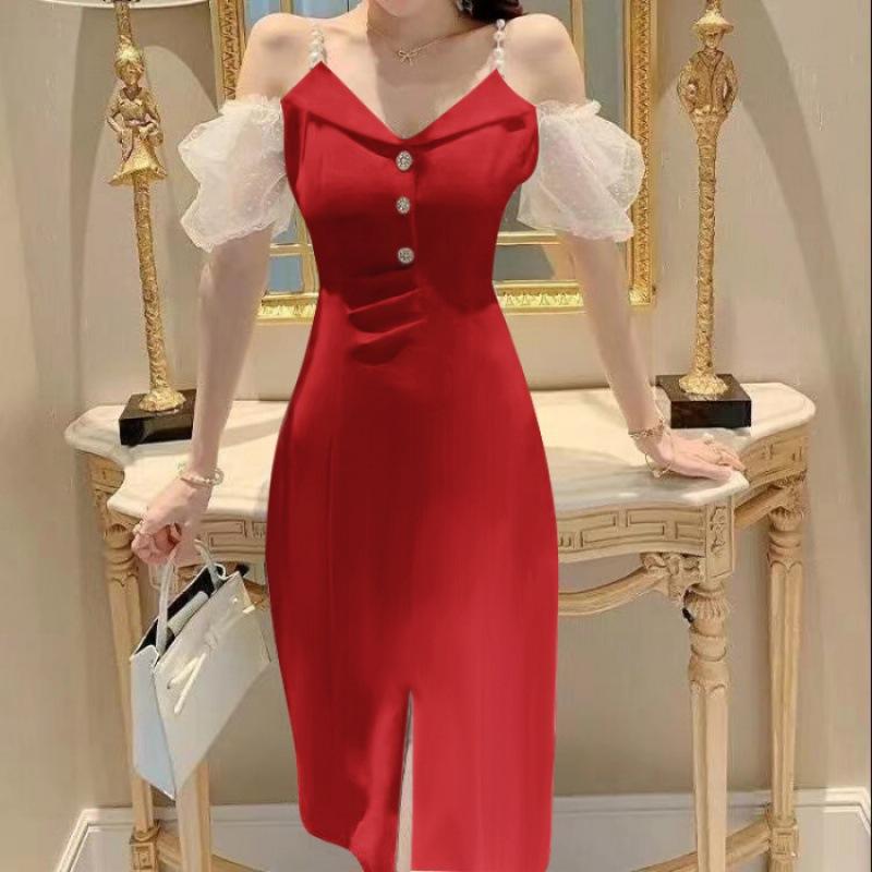 Summer white high-end off-the-shoulder dress femininity gentle wind light ripe V-neck suspender split skirt ins