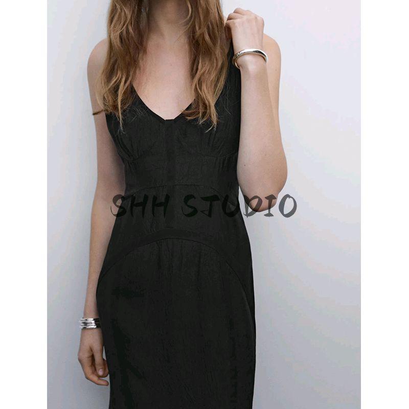 Spring and Summer New Women's Clothing Elegant Elegant V-neck Sleeveless Mid-Length Backless Dress Black Dress 6671584