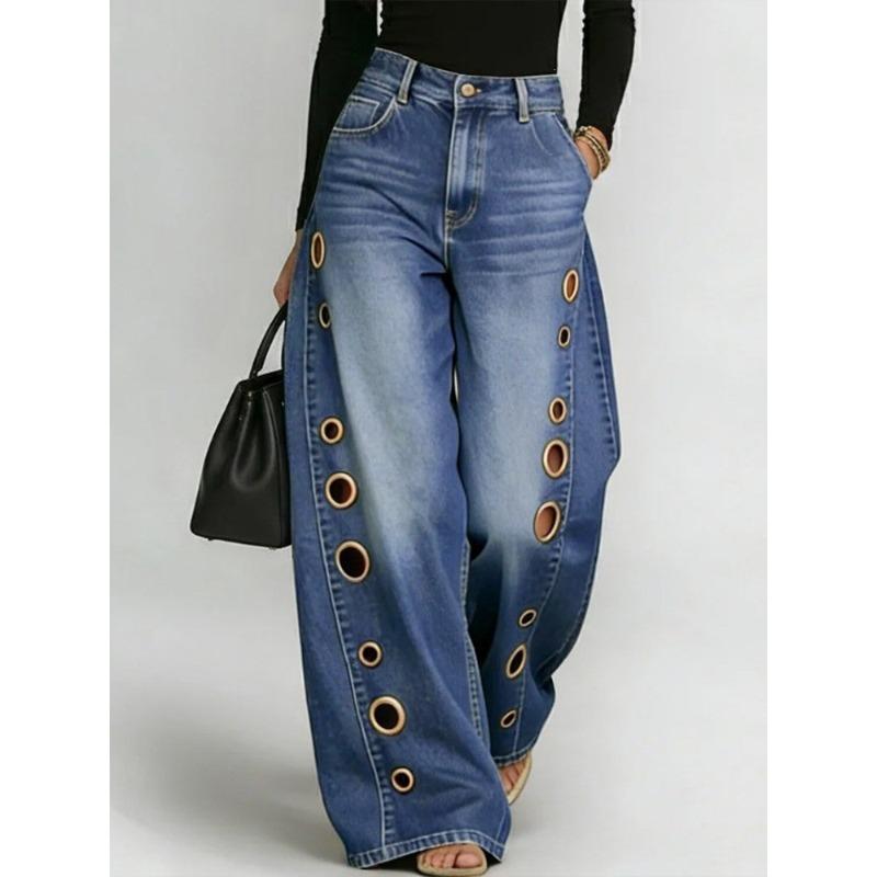 European and American cross-border new jeans women s metal hole design casual loose high waist wide leg jeans Amazon S синий