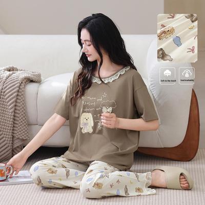 Women's Summer Short-Sleeve Cotton Pajama Set, Sweet Cartoon Print, Korean Style, Large Size