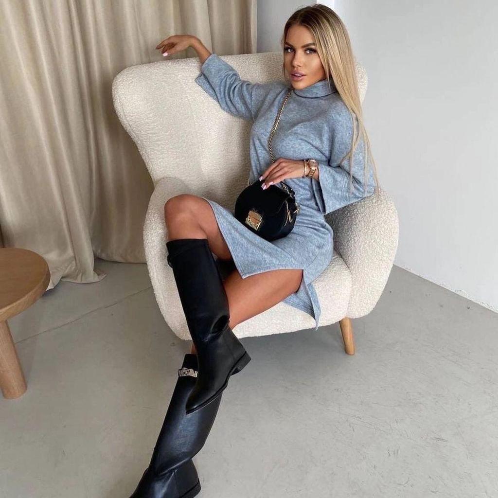 2023 Spring High Neck Long Sleeve Slit Sweatshirt Dress for Women