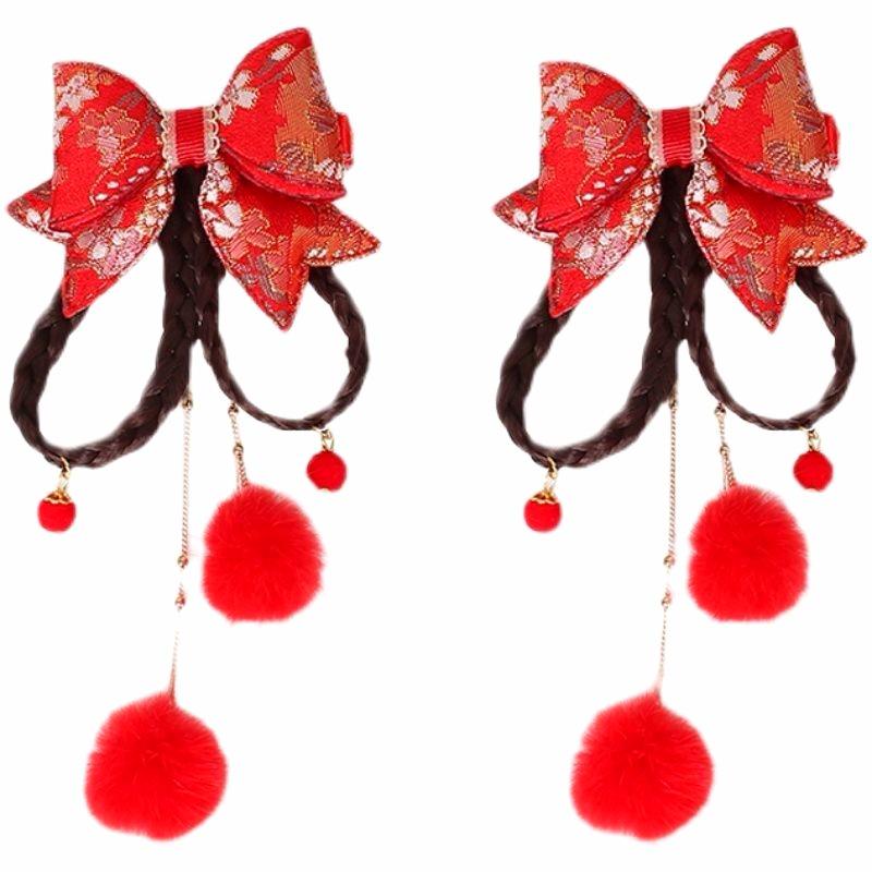 Chinese New Year Red Hair Clip with Pompon & Tassels for Baby Girl Hanfu
