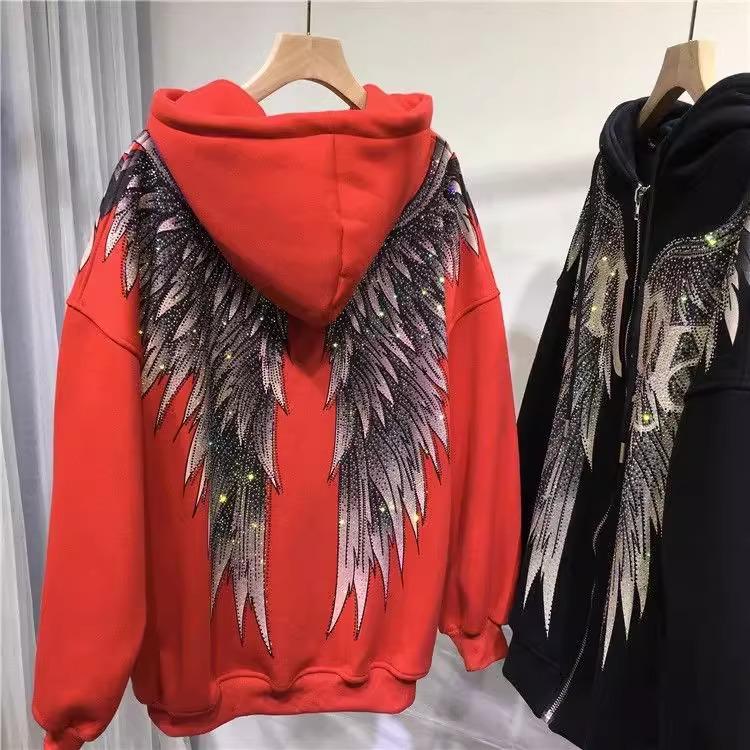 Plus Size Hooded Fleece Lined Jacket with Luxury Front and Back Wing Design for Women