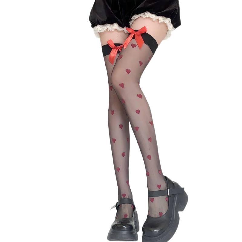 Sweetheart Red Bow Thigh-High Socks: Ultra-Thin, Cute Over-the-Knee for Women