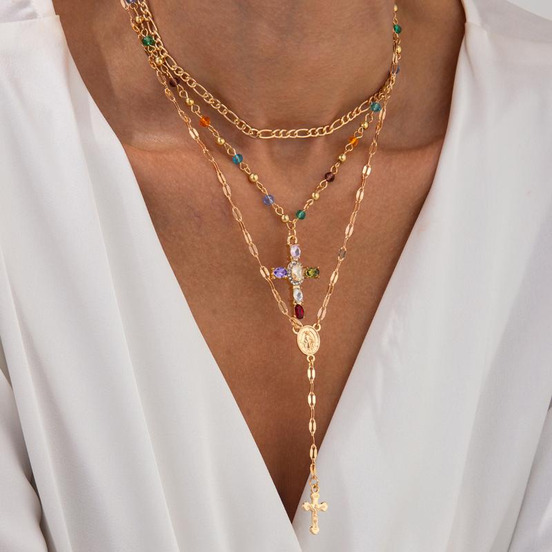 3/4Pcs Simple Jesus Cross Pendant Choker Stacking Necklace For Women Trendy Colorful Crystal Chain Christian Jewelry Gift