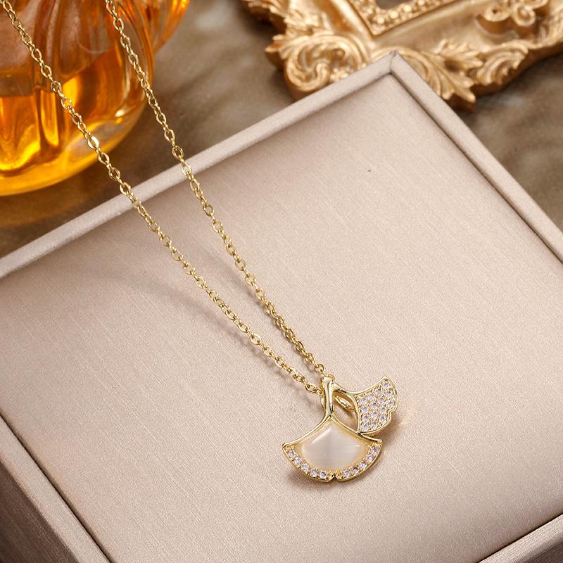 Fortunate Cat's Eye Titanium Necklace with Ginkgo Leaves & Zirconia - Perfect Best Friend Birthday Gift