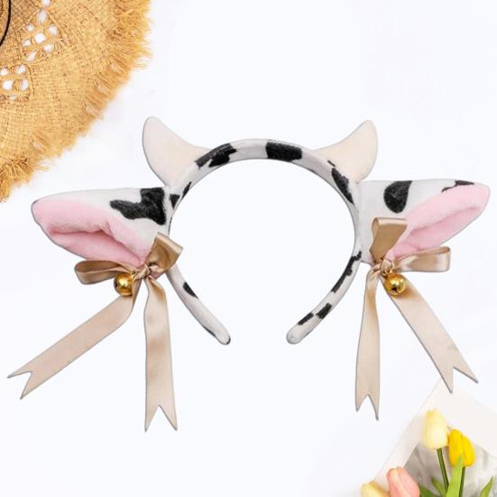 Women Hairband Milk Cow Ear Headband with Bowknot Ribbon Bell Decor Bendable Handmade Lightweight Headgear Costume Accessory