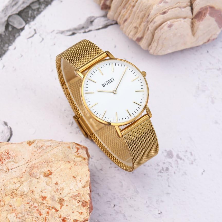 BUREI Women's Watch Analog Quartz Waterproof Mesh Band Stylish Brand Casual Popular Commute School Thin Lightweight Female Wristwatch (Gold, Gold,