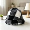 Faux Fur Winter Scarf Hat Plaid Fluffy Bucket Hat New Mink Wool Scarf  Women