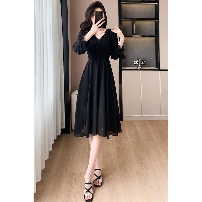 [Chubikime] one piece spring summer ladies chiffon medium length dress long sleeve V-neck adult dress A-line simple Plain color elegant Dress slimmer