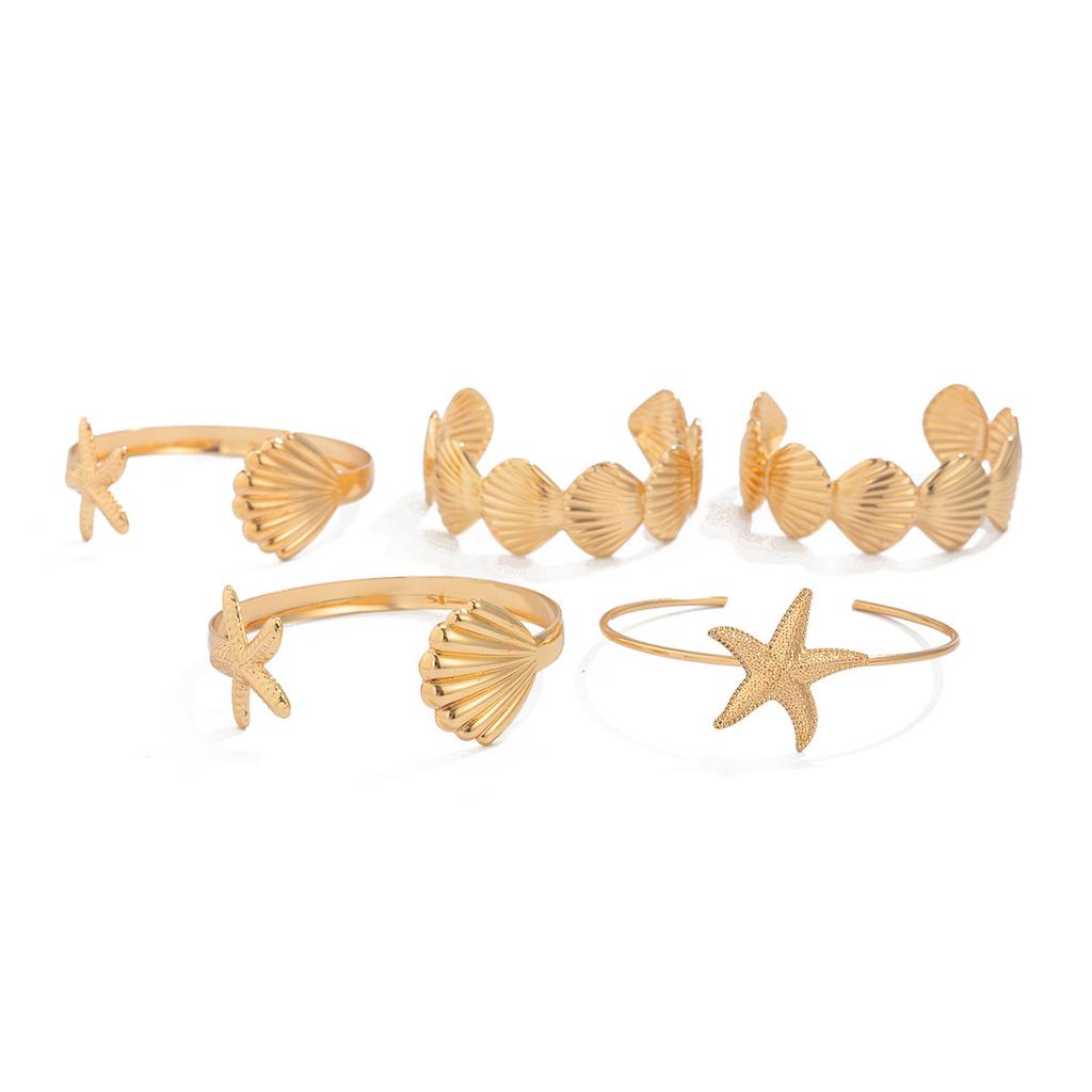 Fashion Style Metal Starfish Scallop Shell Bracelet, Design Sense Geometric Opening Bracelet Set Women