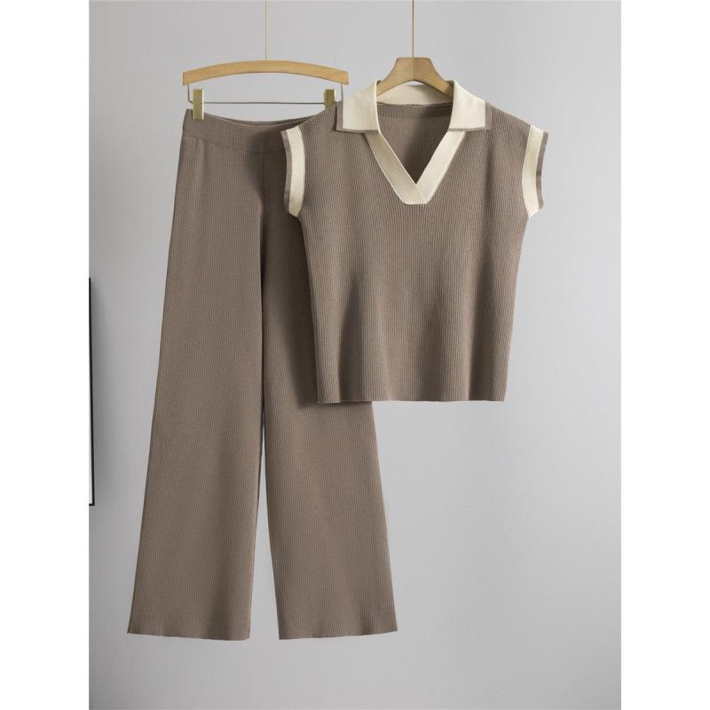 Women's Summer 2026 Polo Collar Knit Top and Pants Set - Loose, Slimming Casual Fashion Two-Piece.