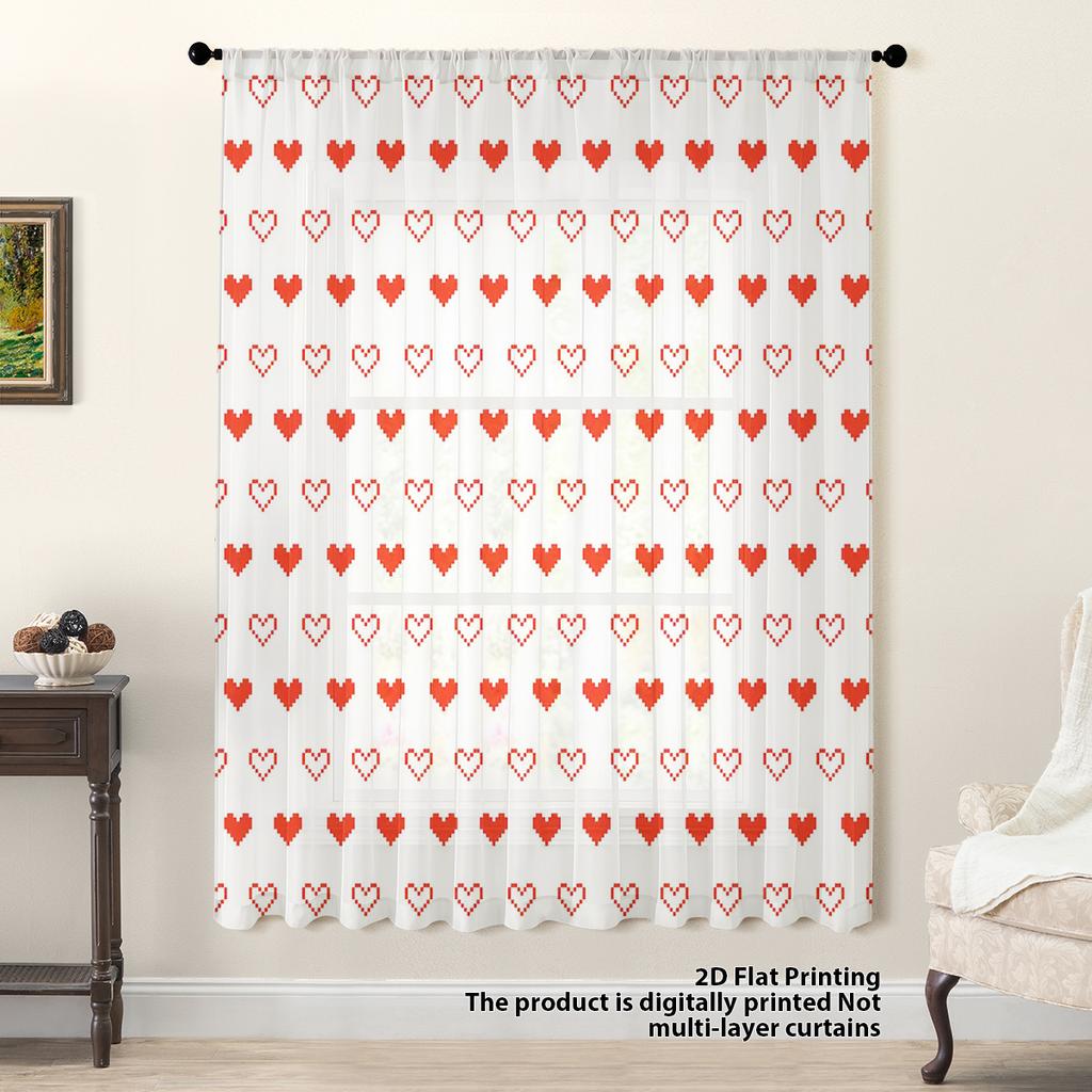 Red Heart Plaid Window Curtain Vintage Cool Romantic Decorative Festive Atmosphere Pole Insertion Window Treatment