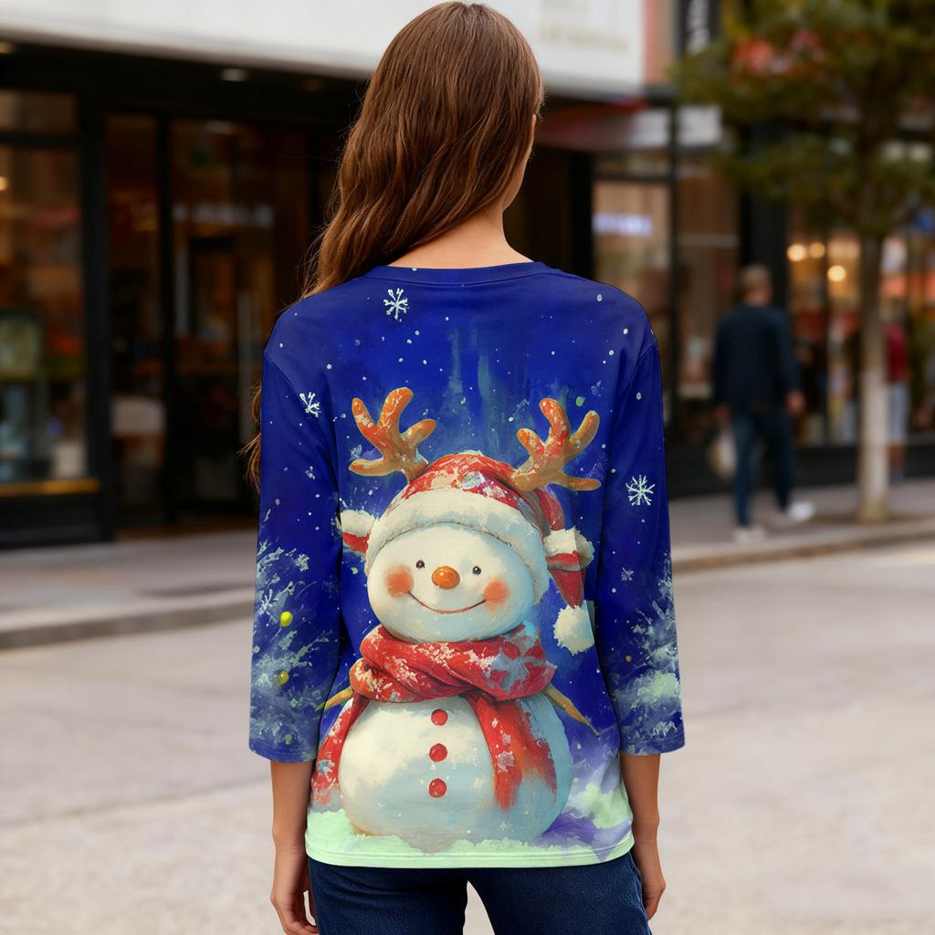Ladies' Christmas Printed Fashionable Casual Seven Quarter Sleeved Round Neck Top