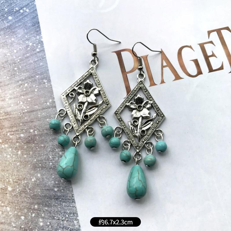 Temperament Retro Turquoise Earrings, Ancient Silver Water Drop Fringed Earrings, Women's Versatile Long Ear Jewelry