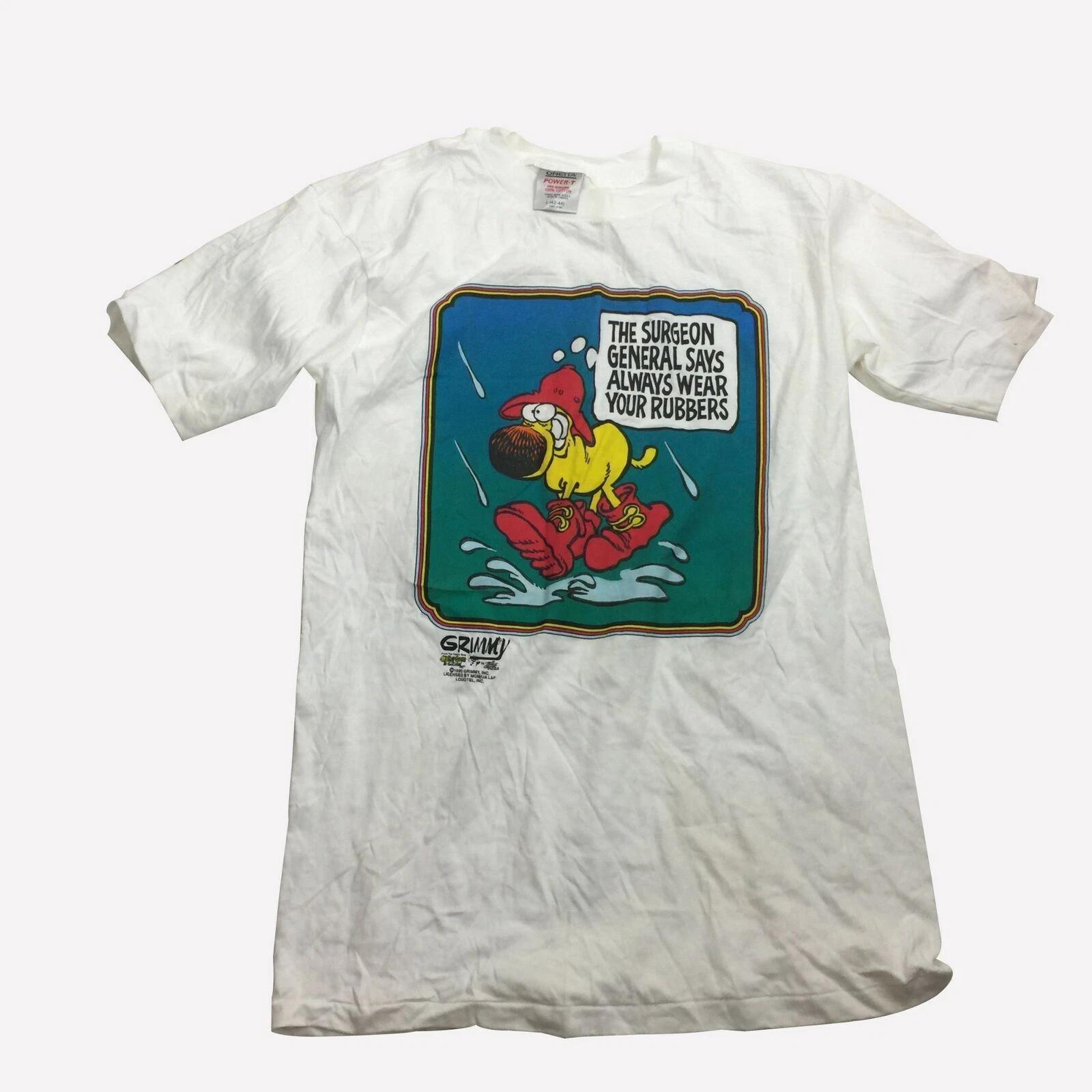 

Vintage 1988 Grimmy Comic Strip Always Wear Your Rubbers Tee size large S