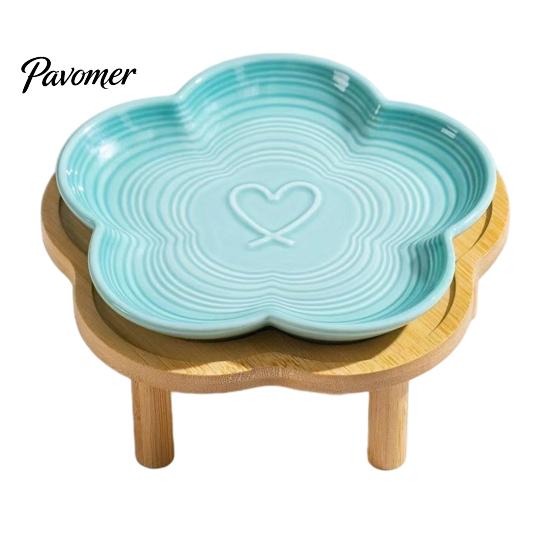 Elevated Cat Food Bowls Ceramic Pet Bowl with Raised Stand, Flower Shape Whisker Friendly Non-slip Feeding Plate for Neck Protection, Anti Slip Bowl,