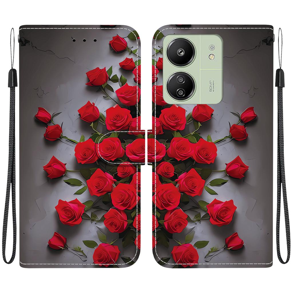 Handgefertigte PU-Leder-Klapphülle für Xiaomi Redmi 13C 5G / Redmi 13C (4G) Rutschfeste Stoßfeste Hülle mit Handschlaufe & Herz/Rose Katze Designs