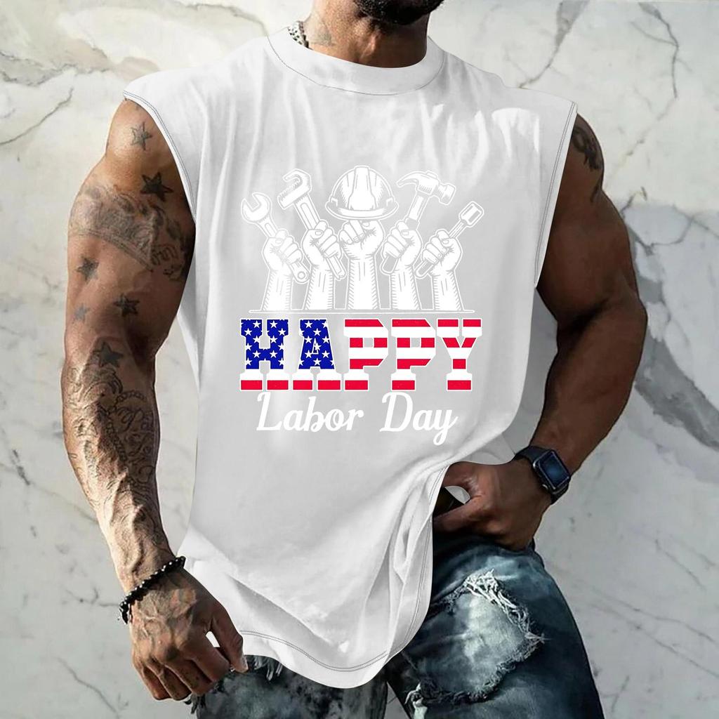 Men's Sleeveless Casual Tank Top Loose Fit Muscle Shirt Labor Day Print Crew Neck Comfortable Summer Workout Apparel