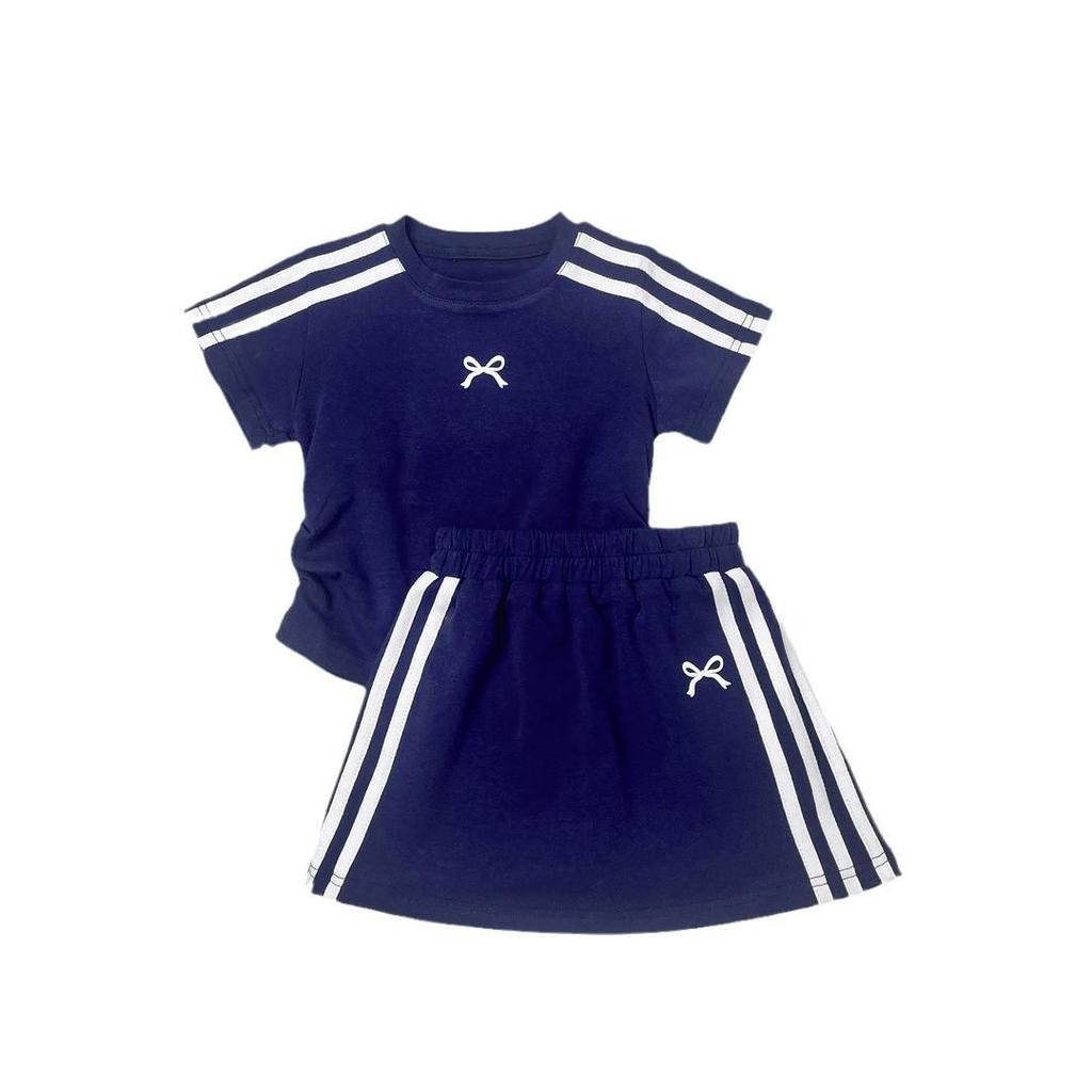 Girls' 2025 Korean Style Blue Cotton Casual Summer Sports Suit - Short-Sleeve Top & Skirt