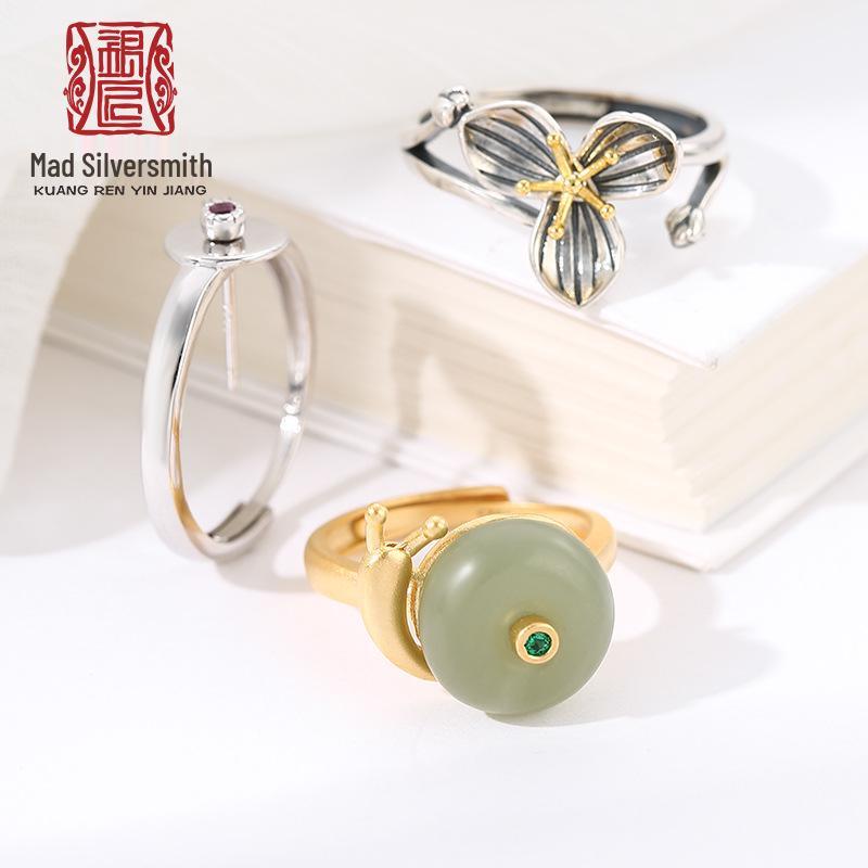 

S925 Sterling Silver Hetian Jade & Amber Jasper Women s Ring Setting
