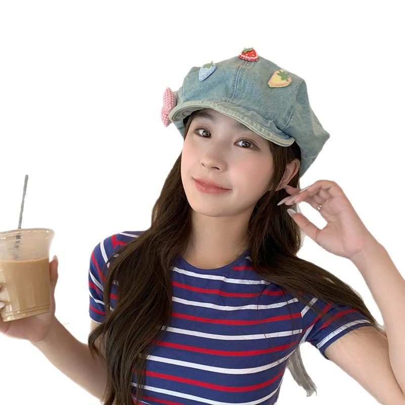 Women's Summer Thin Niche Design Japanese Sweet Bow Strawberry Star Anise Beret Face Small Cloud Painter Hat