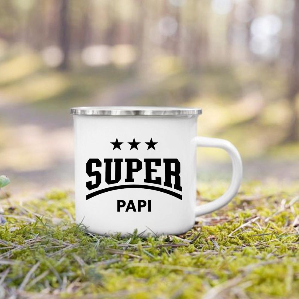 Super Papy Mamie Print Enamel Mug Creative Coffee Cups Drinks Water Milk Cup Enamel Mug Home Drinkware Gifts for Grandma Grandpa