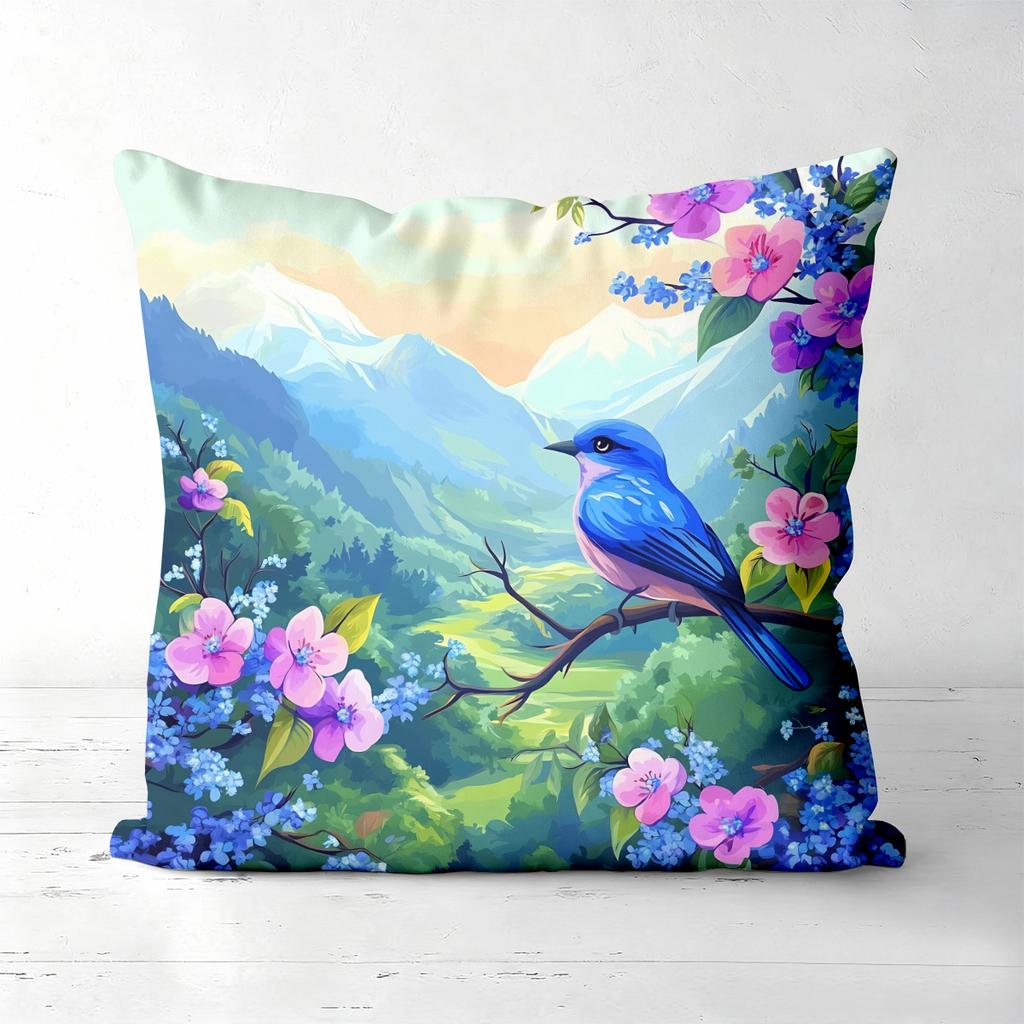 Blue Bird Flower Mountain Scenery Pattern Cushion Cover Polyester Pillowcase, Sofa Decorative Cushion Cov Headboard Pillow