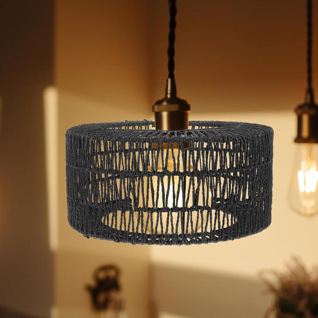 Rattan Lamp Shade:Boho Weave Lamp Shades Farmhouse Woven Lampshade for Floor Lamps, Pendant Light,Chandelier, 30.00X30.00X15.00CM, Black,