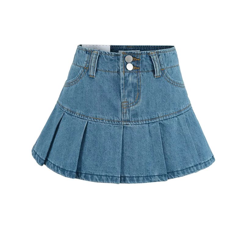 Summer New Product Women's Clothes American Sexy Style Two-Button Pleated A- line High Waist Slimming and Short Denim Skirt