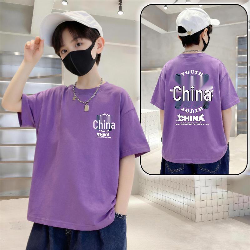 Boys' Trendy Loose Fit Letter Print Cotton T-shirt - Summer 2026