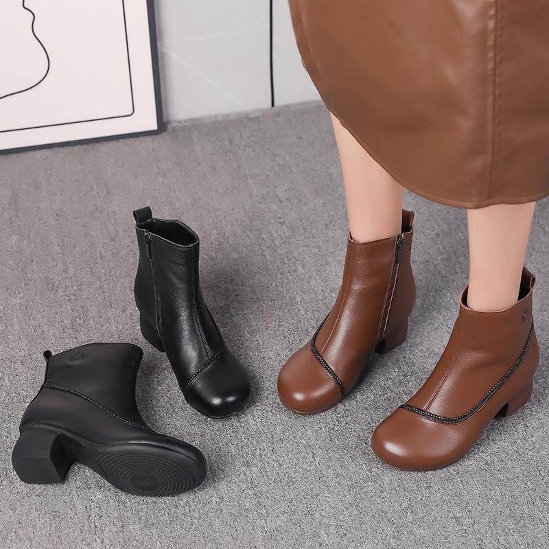 Top Layer Cowhide Leather Shoes Women Casual Retro Soft Sole Boots National Style Versatile Leather Boots Mid-Heel Mother Boots