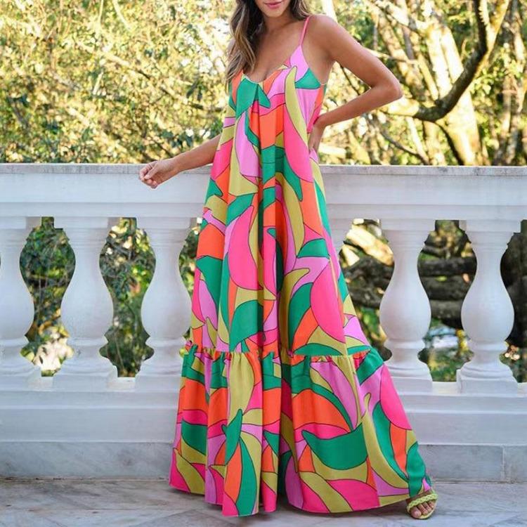 Summer Backless Halter Dress Women Deep V Neck Long Printed Commuter Dresses S цветочный