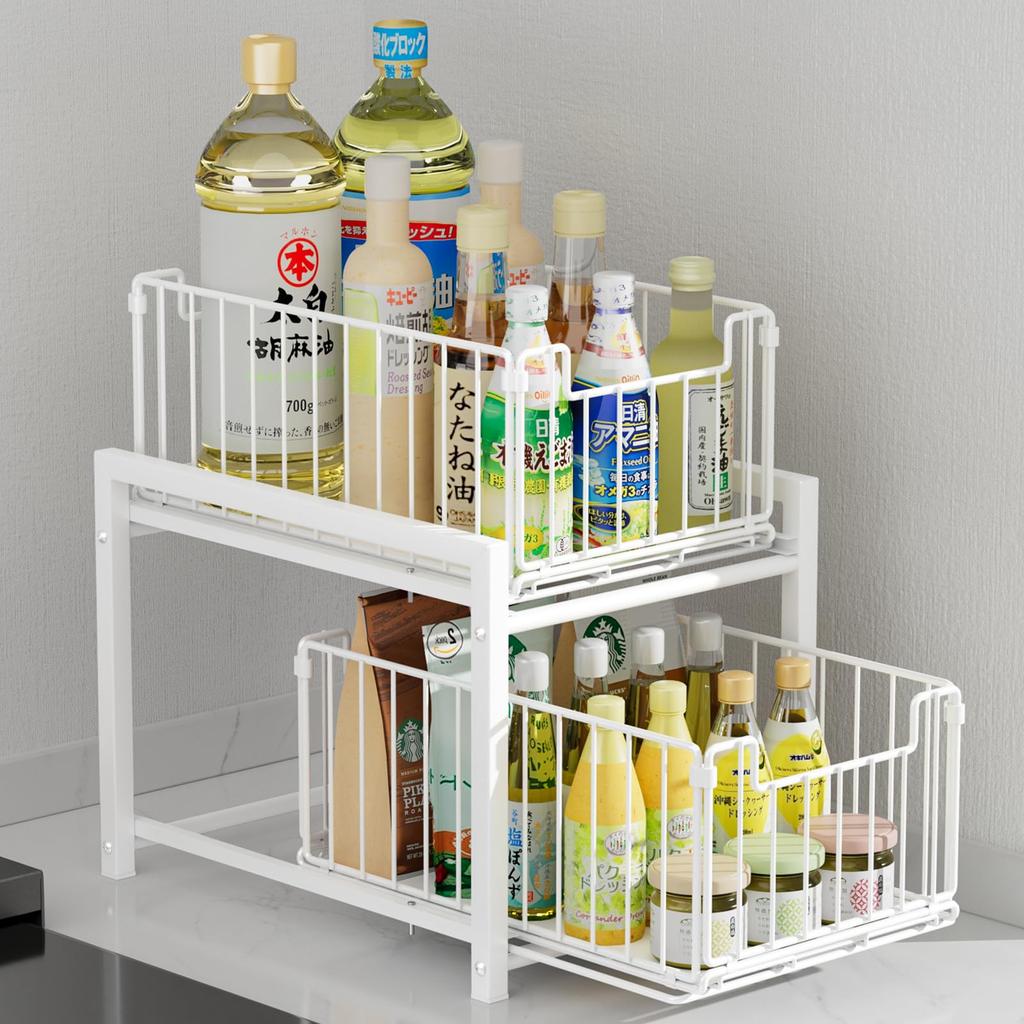 DAIWIN Under-Sink Storage Slide Rack, 2-Tier Shelf, 27cm Wide, with Drawer, Spice Storage Rack, Large Capacity Kitchen Storage Rack, Easy Assembly, Sp