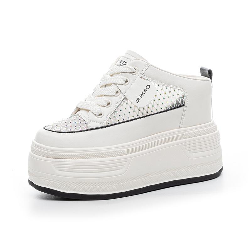 

Fashion 12CM Air Mesh Genuine Leather Breathable Sandals Flats Hollow Platform Wedge High Brand Bling Shoes Women Slipper Bling 33