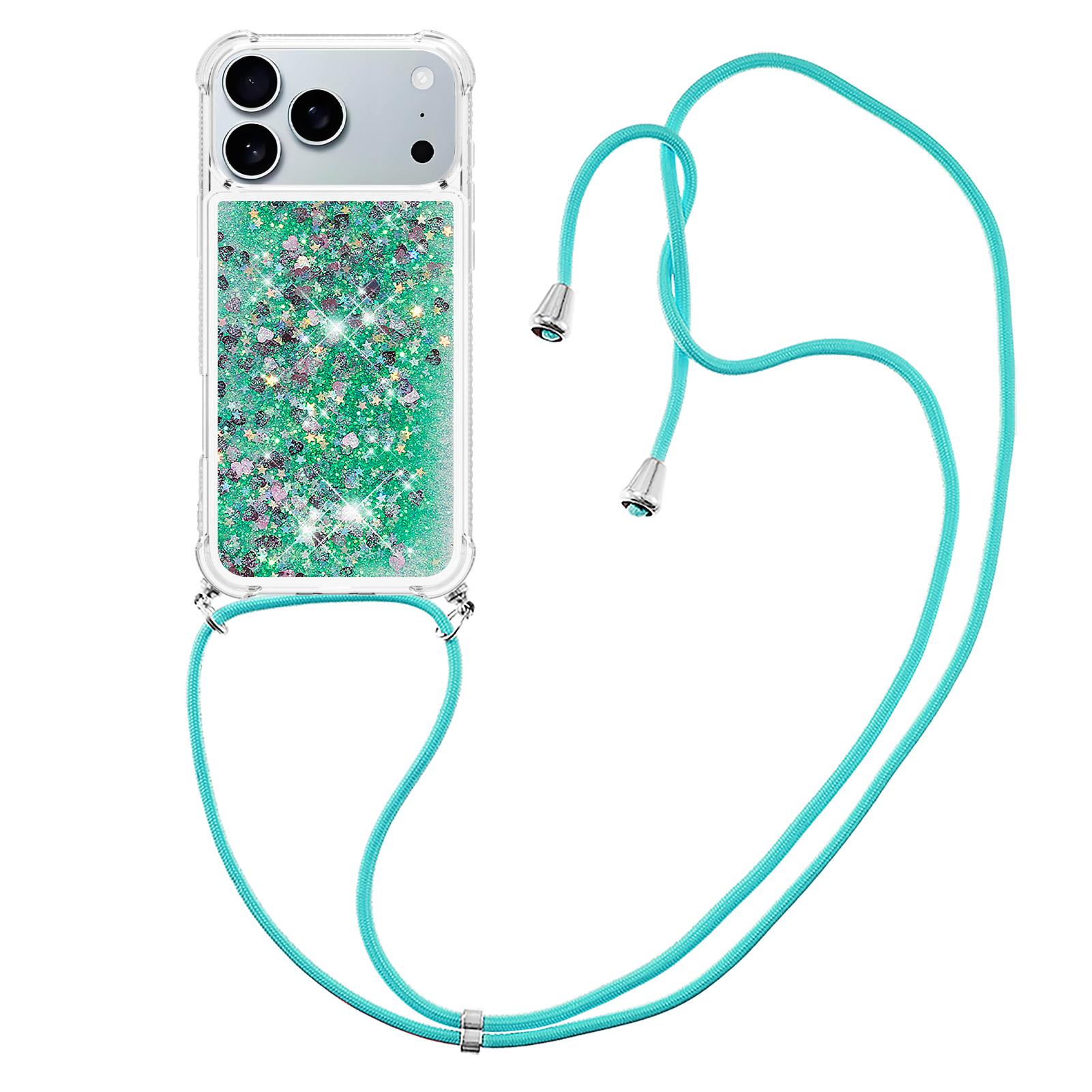 

For iPhone 17 Pro Max TPU Case Quicksand Phone Cover with Lanyard Green/Hearts